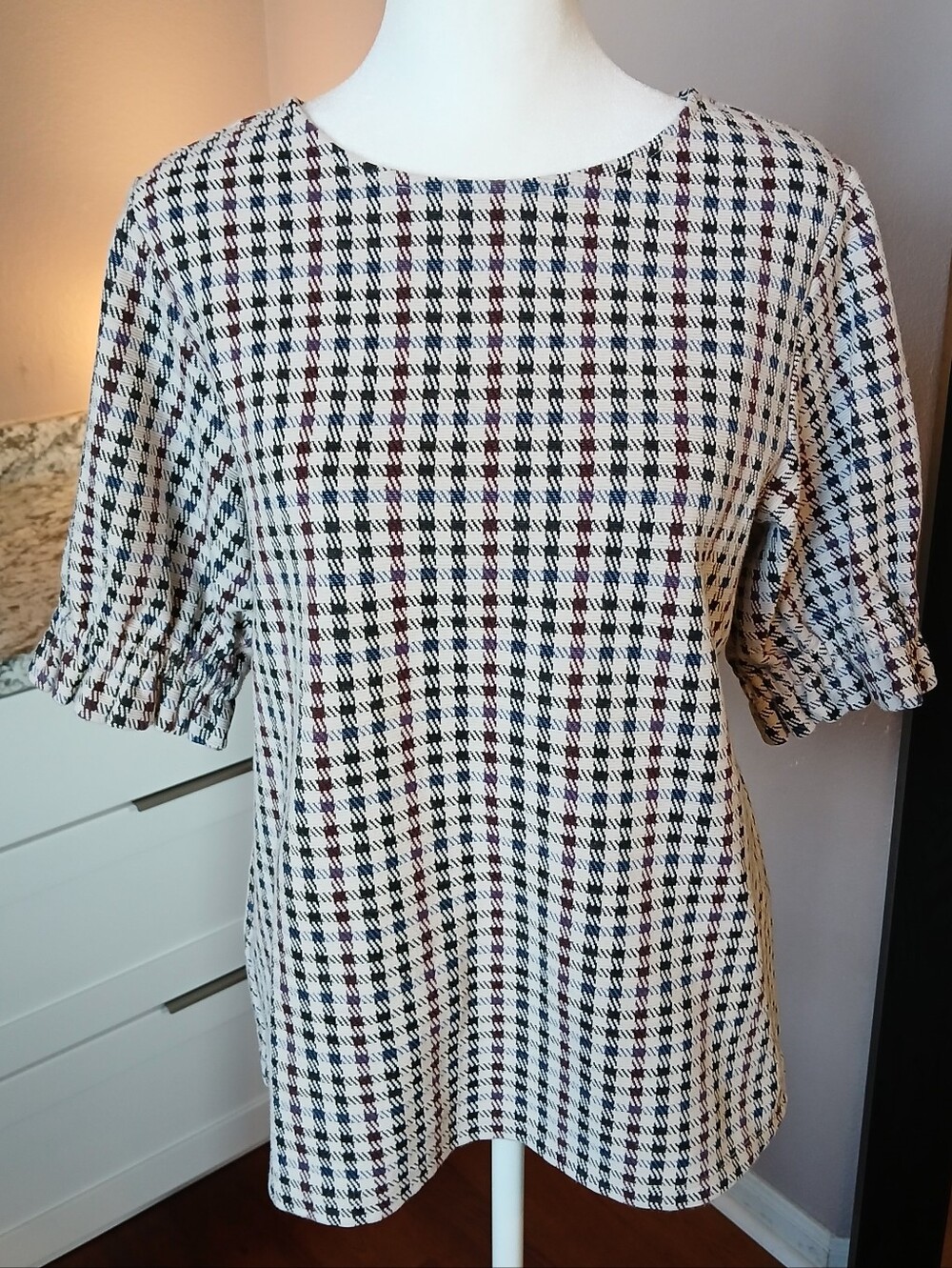 Ann Taylor Houndstooth Tweed Blouse Top Beige Burgundy Blue Black Sz L